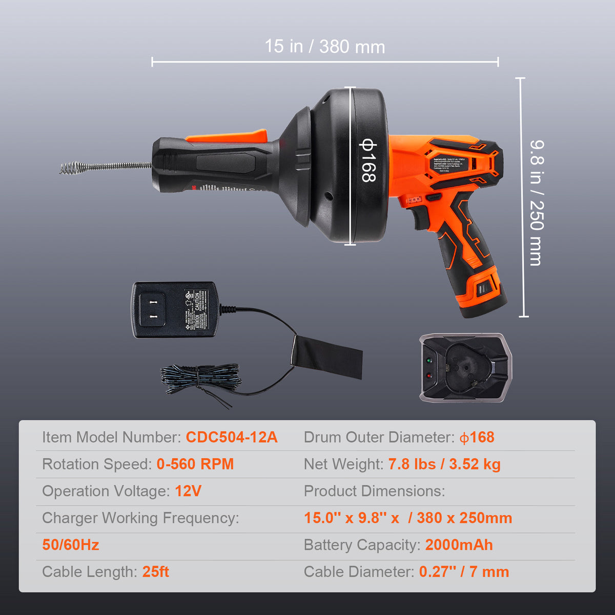 12V Electric Drain Auger, 25FT Cordless Plumbing Snake