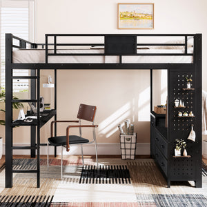 Queen Size Loft Bed with Desk & Shelves