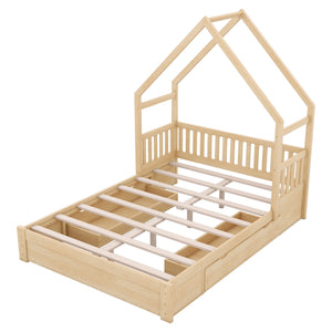 House Style Platform Bed With Guardrail And 2 Drawers