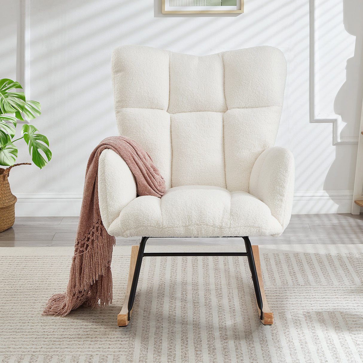Glider Chair for Living Room Tufted Upholstered Teddy Fabric Rocking Chair