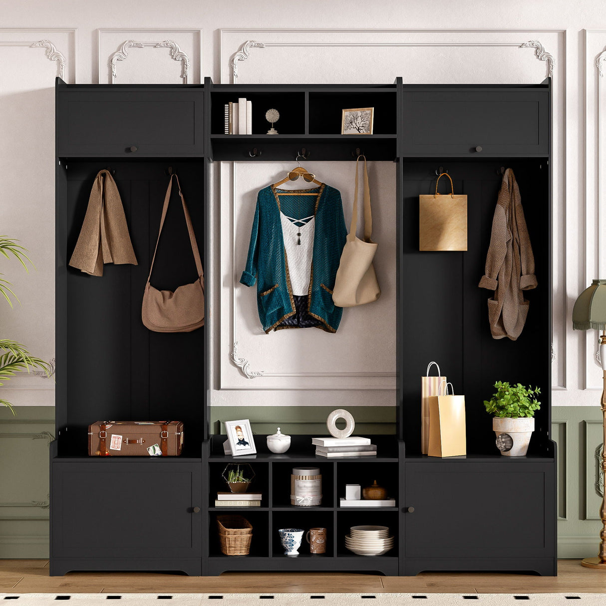 Wide Hall Tree With Shoe Storage, 4 In 1 Entryway Bench