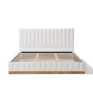 King Size Bed Frame With Linen Upholstery and Solid Wood Base