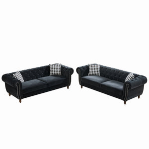 Chesterfield Upholstery Fabric Sofa With Roll Armrest & Nailhead, Mid Century Modern 3 And 3 Seater Couch
