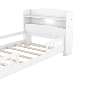 Wood Platform Bed With Built In LED Light, Storage Headboard And Guardrail