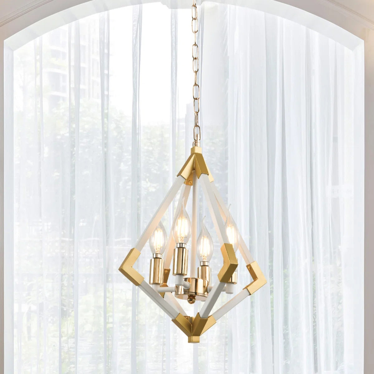 4-Light White and Gold Geometric Pendant with Metal Caged Frame