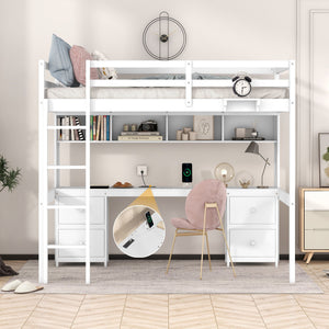Full Size Loft Bed With Desk, Cabinets, Drawers, Charging Station And Bedside Tray, Sturdy Frame, No Box Spring Required - White