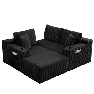 L-Shaped Sectional Sofa with Ottoman, Corduroy 3-Seat Couch for Living Room