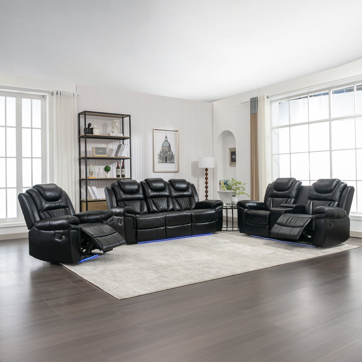 3 Pieces Recliner Sofa Sets Home Theater Seating Manual Recliner Chair With Center Console And LED Light Strip For Living Room