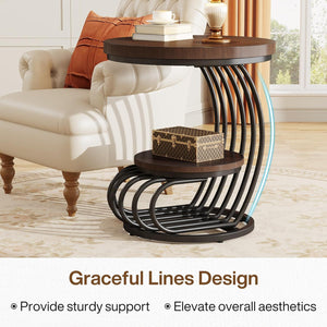 Round Vintage End Table With 2 Tier Storage