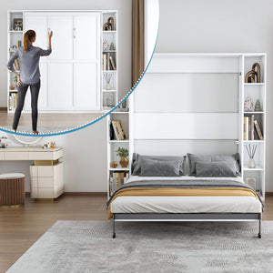 Queen Murphy Bed With Storage Cabinet, Foldable Wall Bed For Bedrooms - White