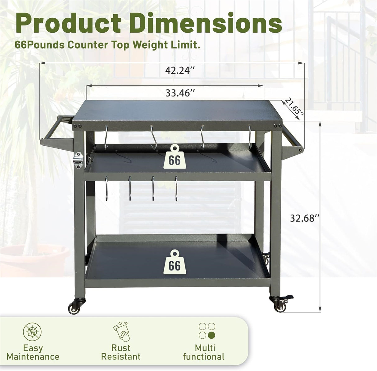 3-Shelf Outdoor Grill Table with Wheels