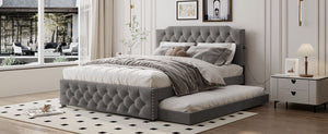 Upholstered Platform Bed With Trundle And 2 Sets Of USB Ports On Each Side, Fabric