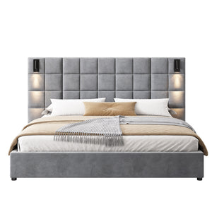 King Size Upholstered Bed Frame with Wall Sconce and USB Port