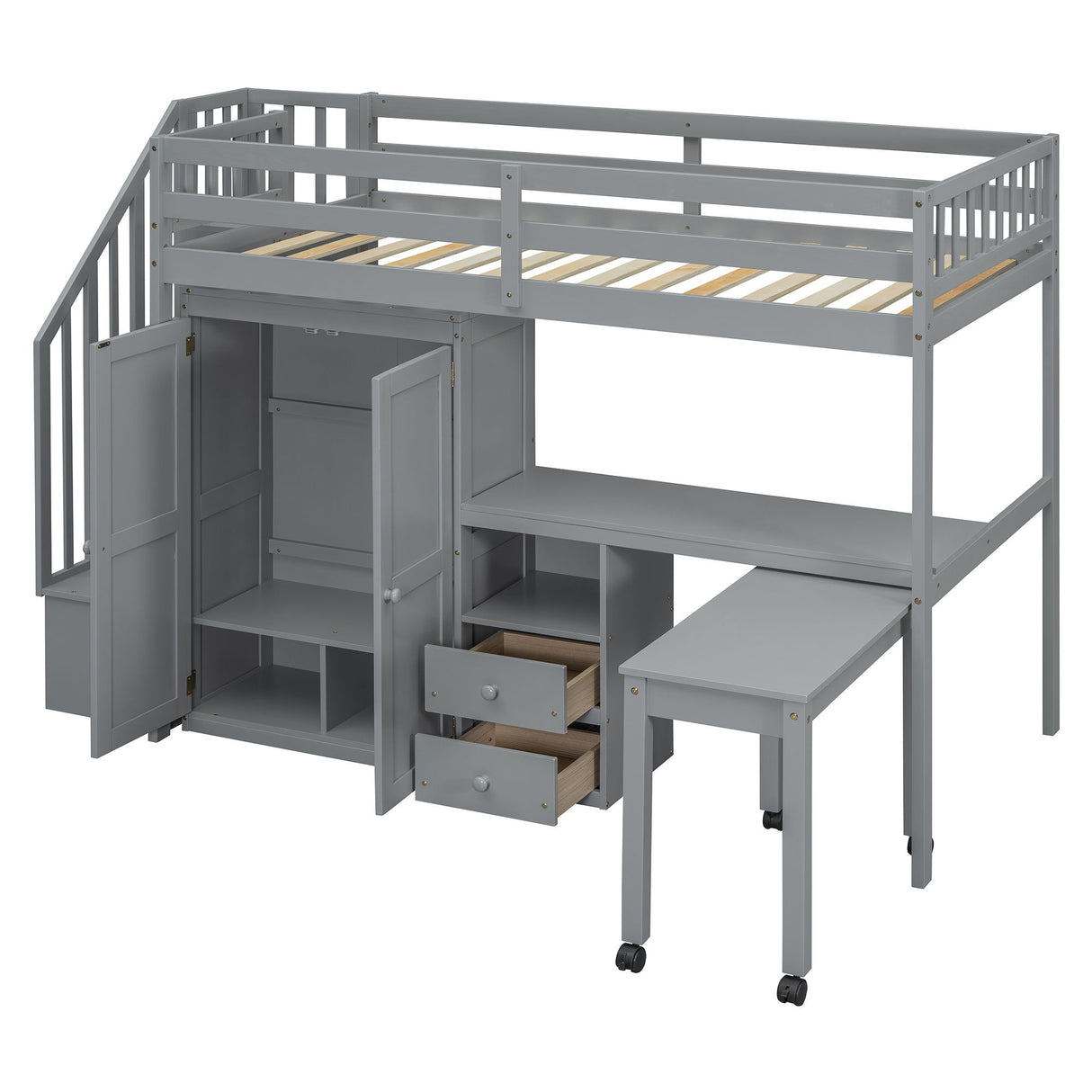 Loft Bed With Stairs, Bookshelf, Drawers, Desk & Wardrobe, Space Saving Multifunctional Furniture
