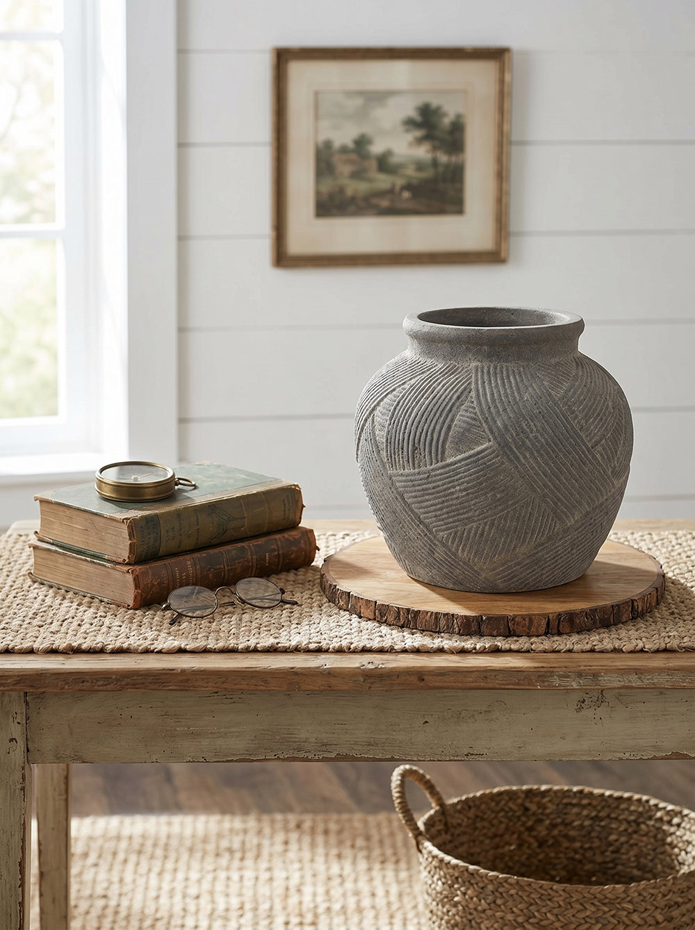 D10.2x8.9" Cross-Hatch Terracotta Vase