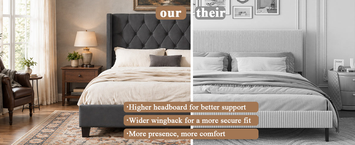 Modern Queen Size Platform Bed Frame with Tufted Velvet Headboard
