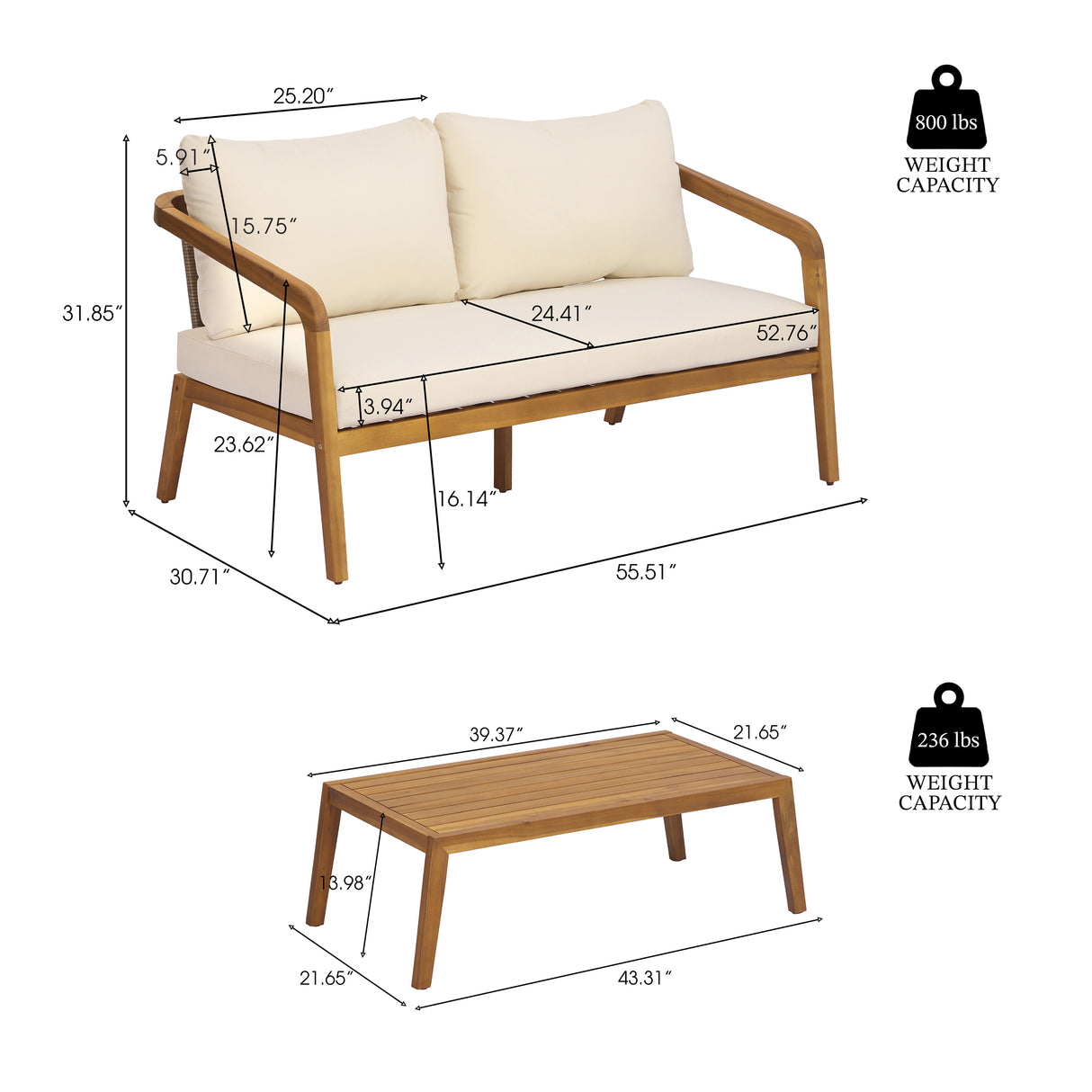 2-Piece Outdoor Loveseat & Coffee Table Set Acacia Wood Frame with PE Wicker Back & Water-Resistant Cushions
