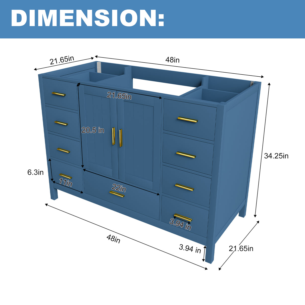 48" Bathroom Vanity Base Cabinet with 2 Soft-Close Double Doors & 9 Drawers