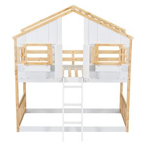 House Bunk Bed With Roof, Window, Window Box, Door, With Safety Guardrails And Ladder