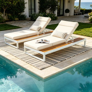 White Iron & Teak Finish Chaise Lounge Set: 1 Frame + 1 4-Fold