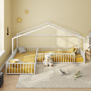 L-Shaped Montessori Bed For 2 Kids With Partitioned Fence