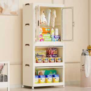 Portable Wardrobe Closet Storage Organizer With Magnetic Doors And Hanging Rod - Cream White
