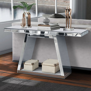 Modern Luxe Full Body Mirror Entryway Table With Trapezoid Base, 360° Reflective Console, Scratch Resistant, Open Storage - Silver