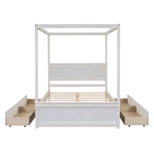 Canopy Platform Bed With Drawers, Support Slats, No Box Spring Needed