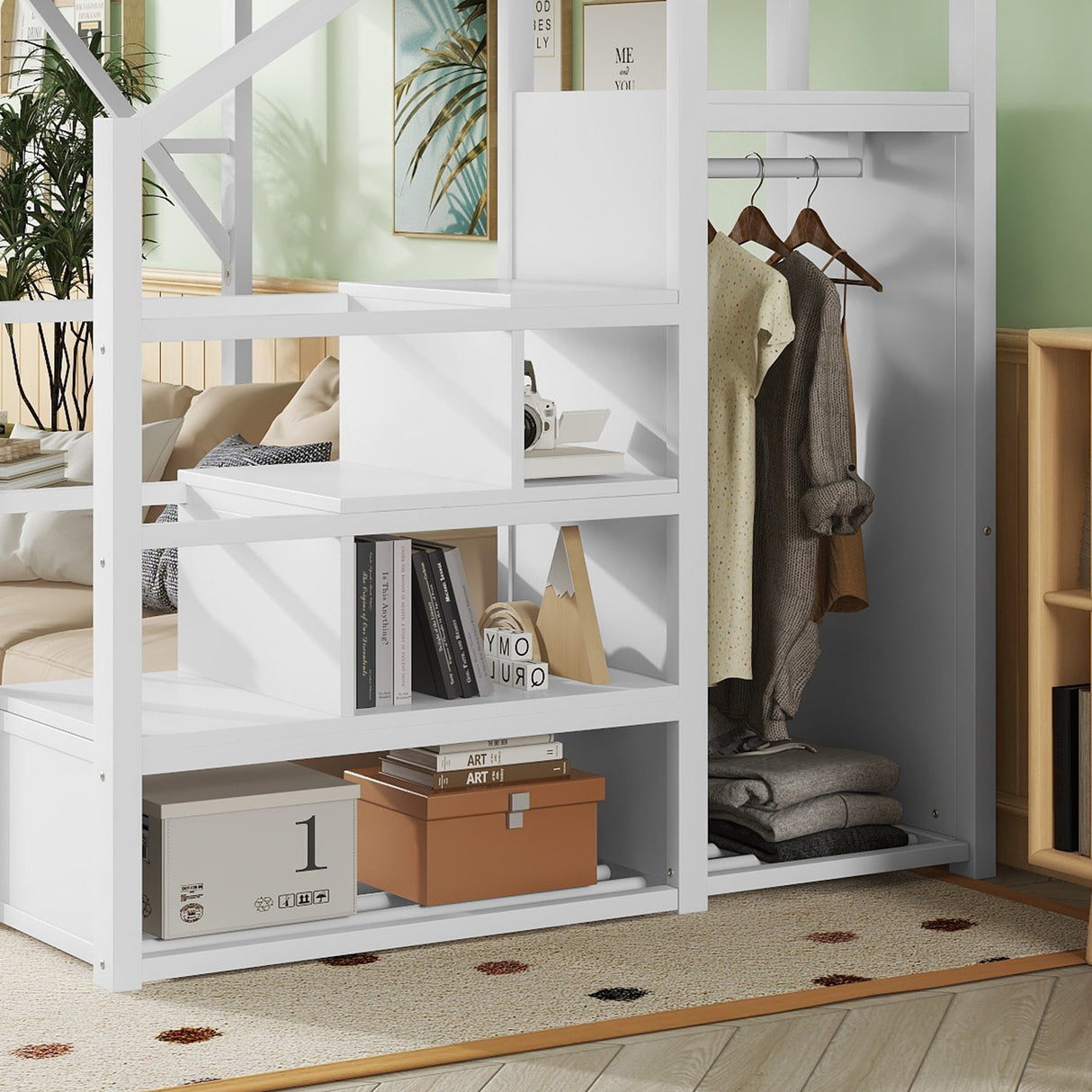 Full Size Loft Bed with Stairs and Storage Shelves