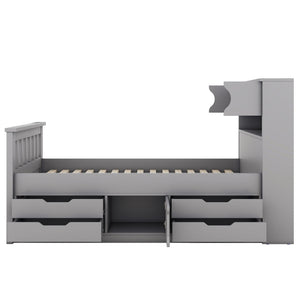 Captain Platform Bed Frame With Storage Bookcases, Shelves, And 4 Drawers