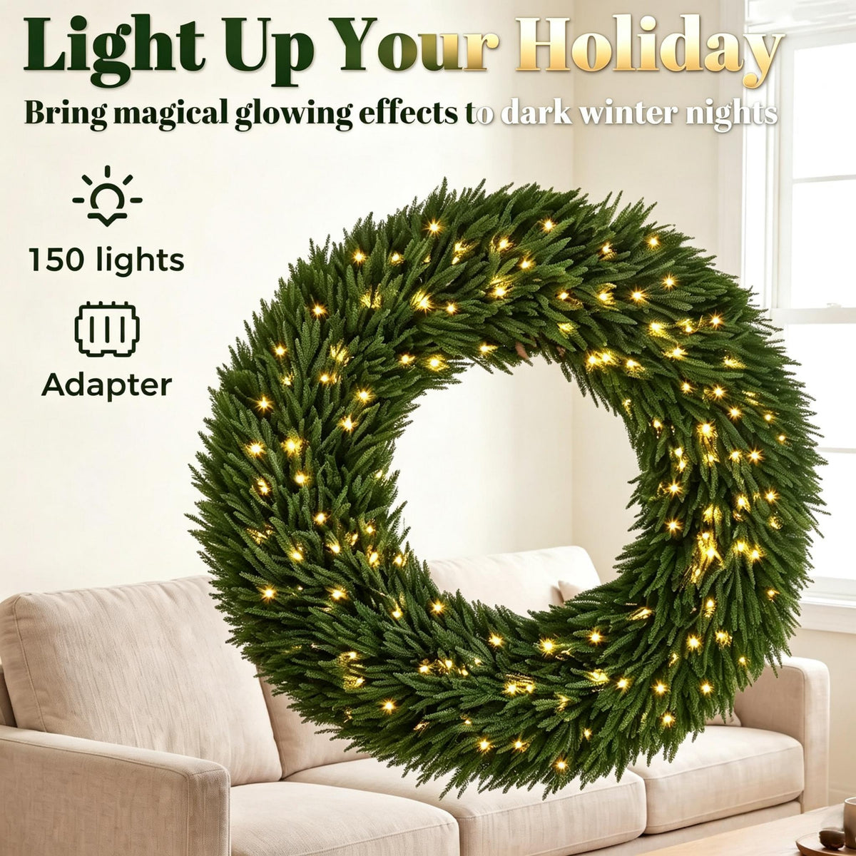 48 In Artificial Norfolk Pine Christmas Wreath, Pre-Lit