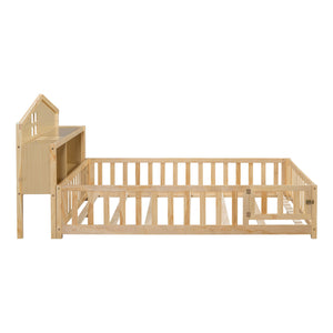 Full Size Montessori Floor Bed With Bookcases And boards, Solid Wood Platform Bed With Guard Rails And Storage Headboards - Natural