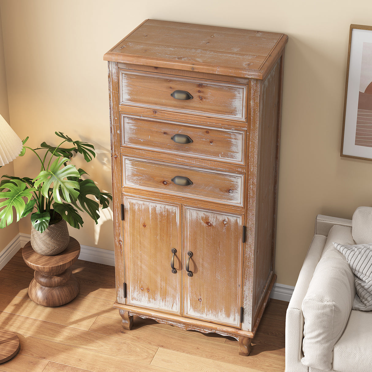 Rustic Wooden Storage Cabinet with Decorative Cutout Door & 3 Drawers