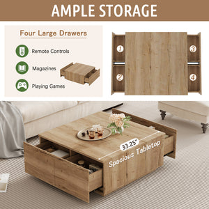 33.25-Inch Square Coffee Table with 4 Drawers, Natural