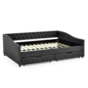 Upholstered Tufted Daybed With 2 Drawers, Waved Arms