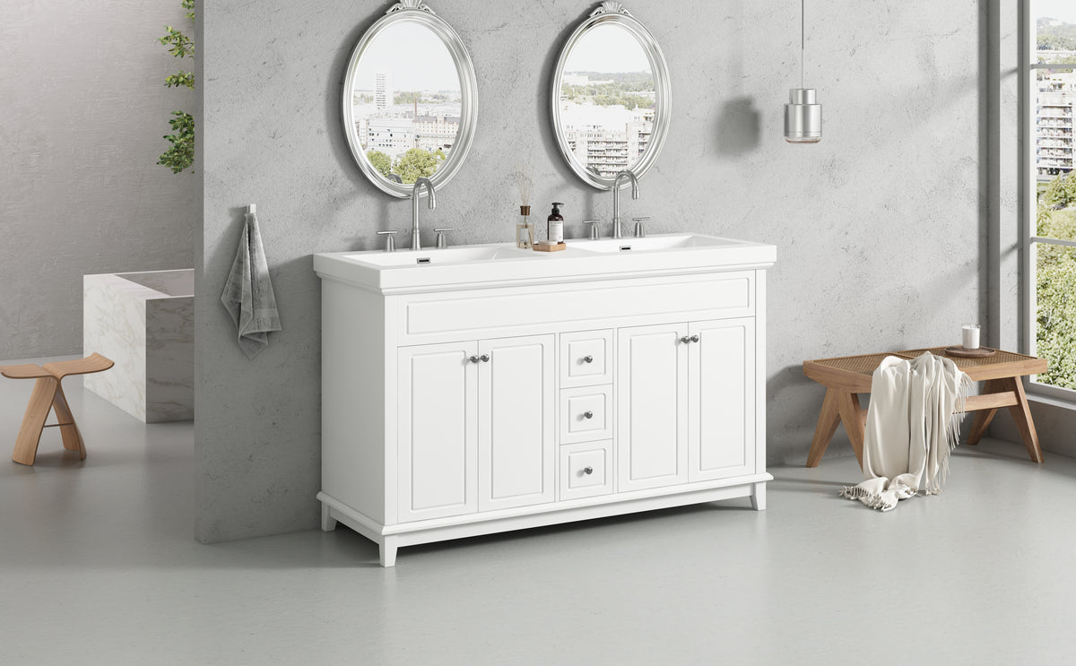 60" Bathroom Vanity with Resin Double Sinks, 3 Drawers & 4 Doors