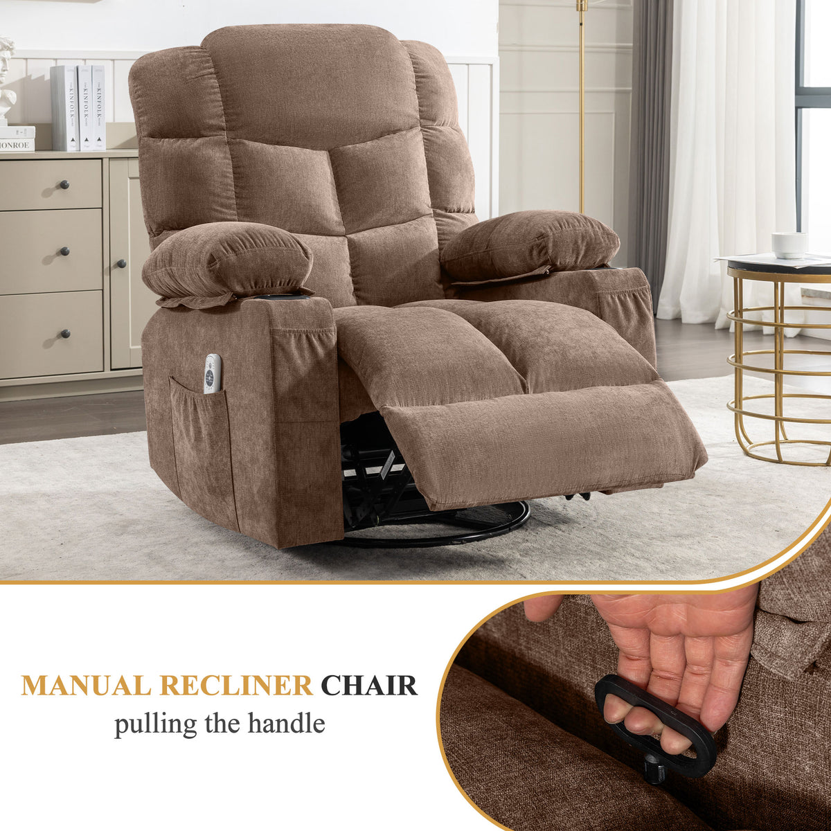 Oversized Massage Swivel Recliner Chair with Lumbar Heating, Cup Holders & USB - Brown or Gray