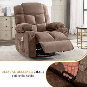 Oversized Massage Swivel Recliner Chair with Lumbar Heating, Cup Holders & USB - Brown or Gray