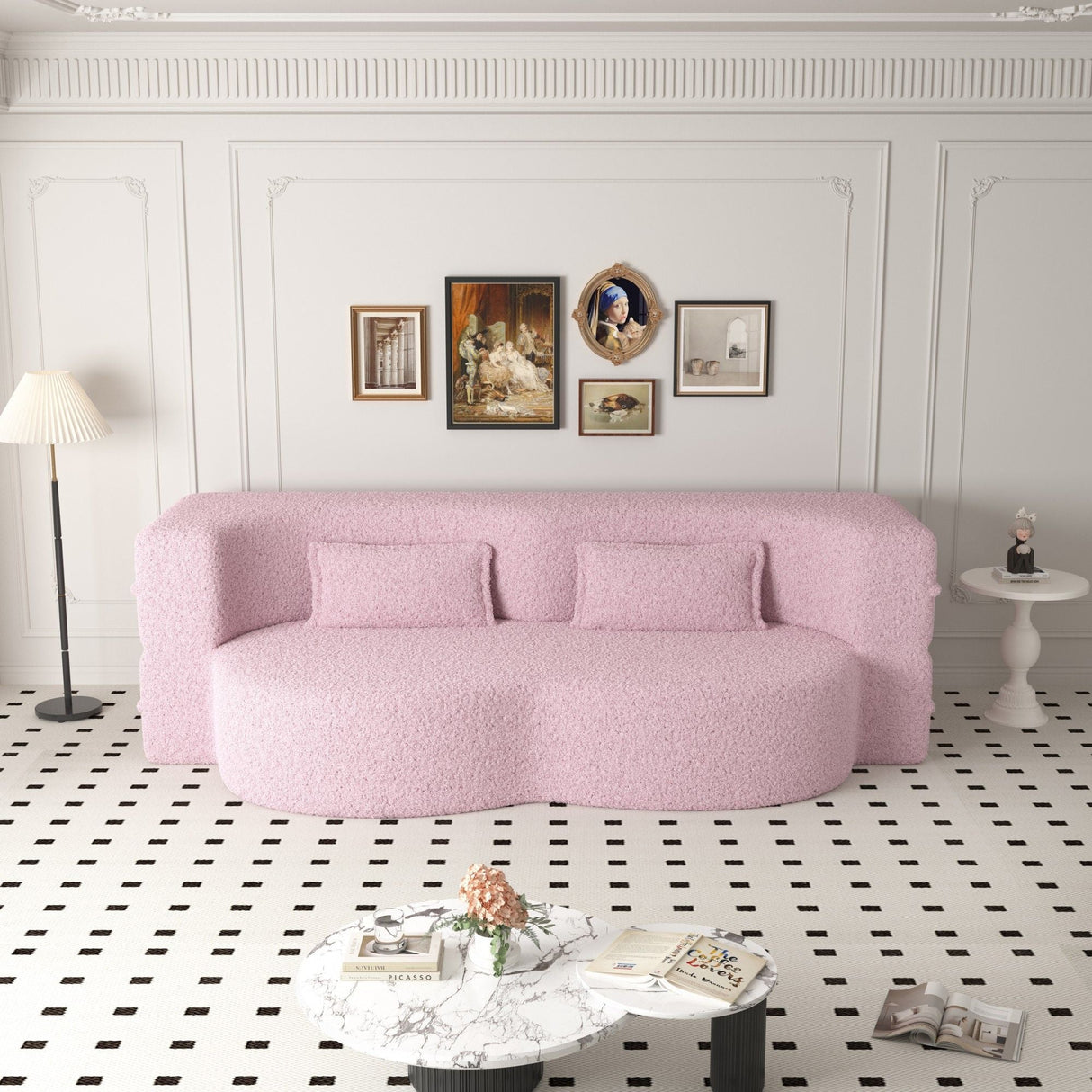 Modern Floor Sofa With 2 Pillows Convertible Teddy Fabric Foam Filled Bed