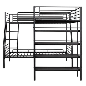 L-Shaped Twin Over Full Bunk Bed And Twin Loft Bed With 4 Built In Shelves - Black