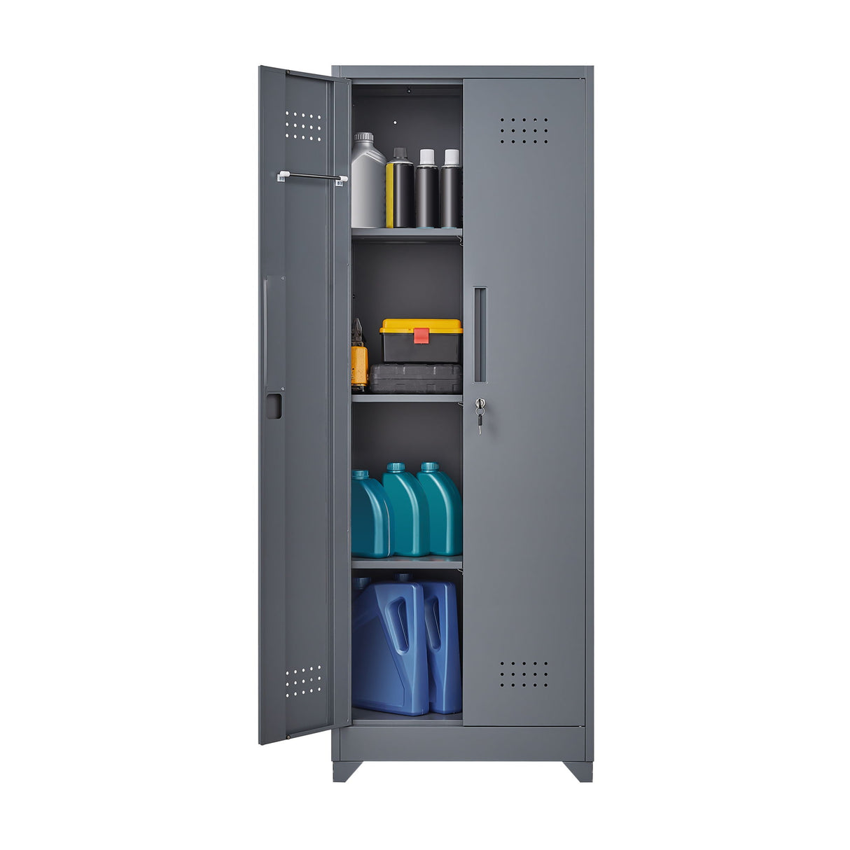 Heavy Duty Storage Cabinet With Locking Doors, Hanging Rod & Shelves, Broom Closet - Gray