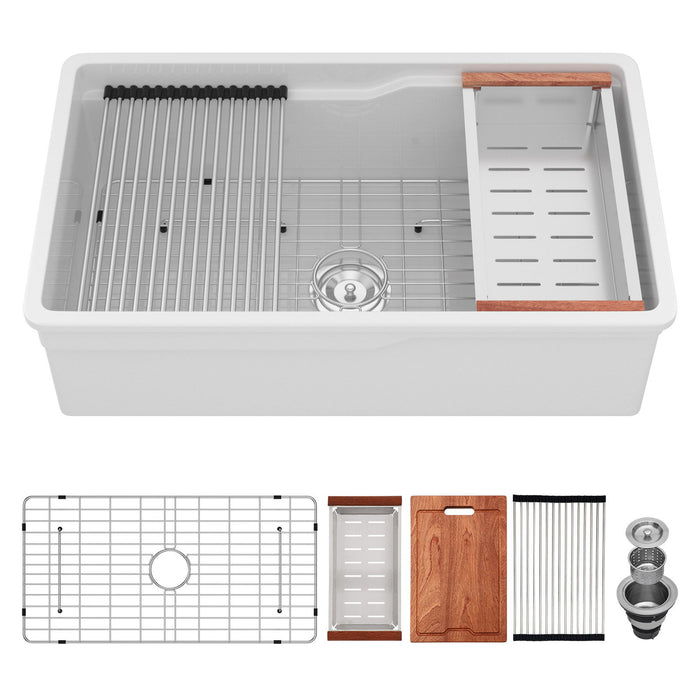 Porcelain Undermount Workstation Single Bowl Kitchen Sink – White