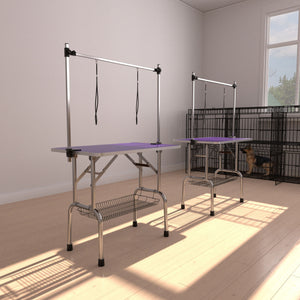 Folding Dog Pet Grooming Table Stainless Steel Frame Rubber Mat On Board With Adjustable Arm And Clamps Pet Dog Cat Grooming Table