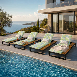 Black Iron & Teak Finish Chaise Lounge Set