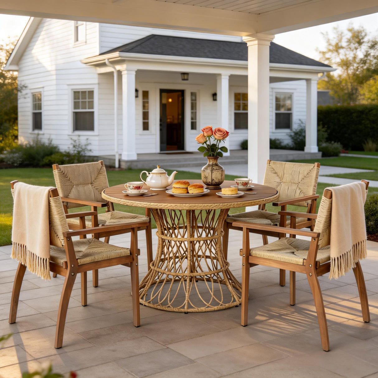 5-Piece Outdoor Dining Set: Teak Finish Round Acacia Wood Table & 4 Wicker Armchairs