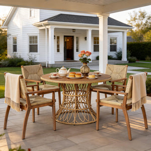 5-Piece Outdoor Dining Set: Teak Finish Round Acacia Wood Table & 4 Wicker Armchairs