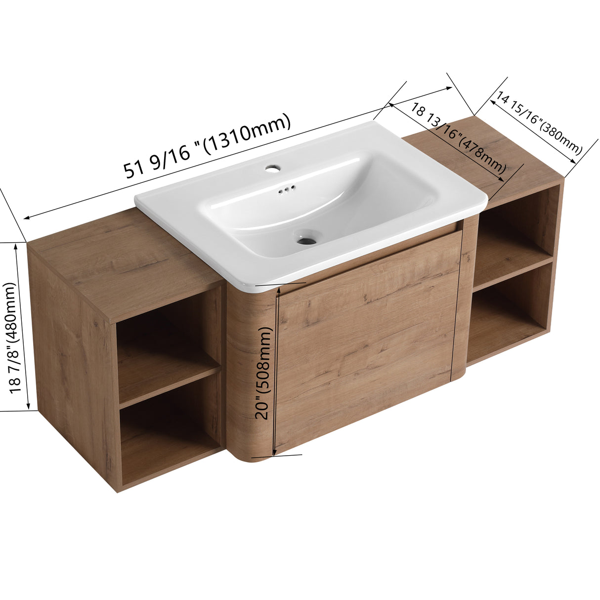 52" Wall-Mounted Bathroom Vanity with Ceramic Sink