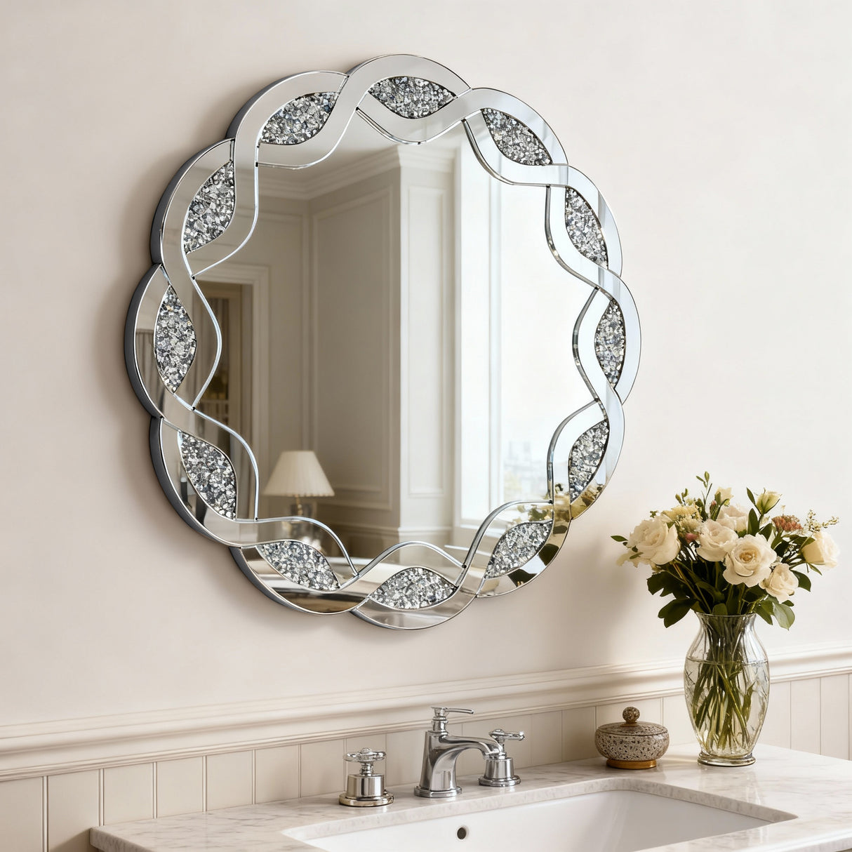 Silver Crush Diamond Round Wall Mirror