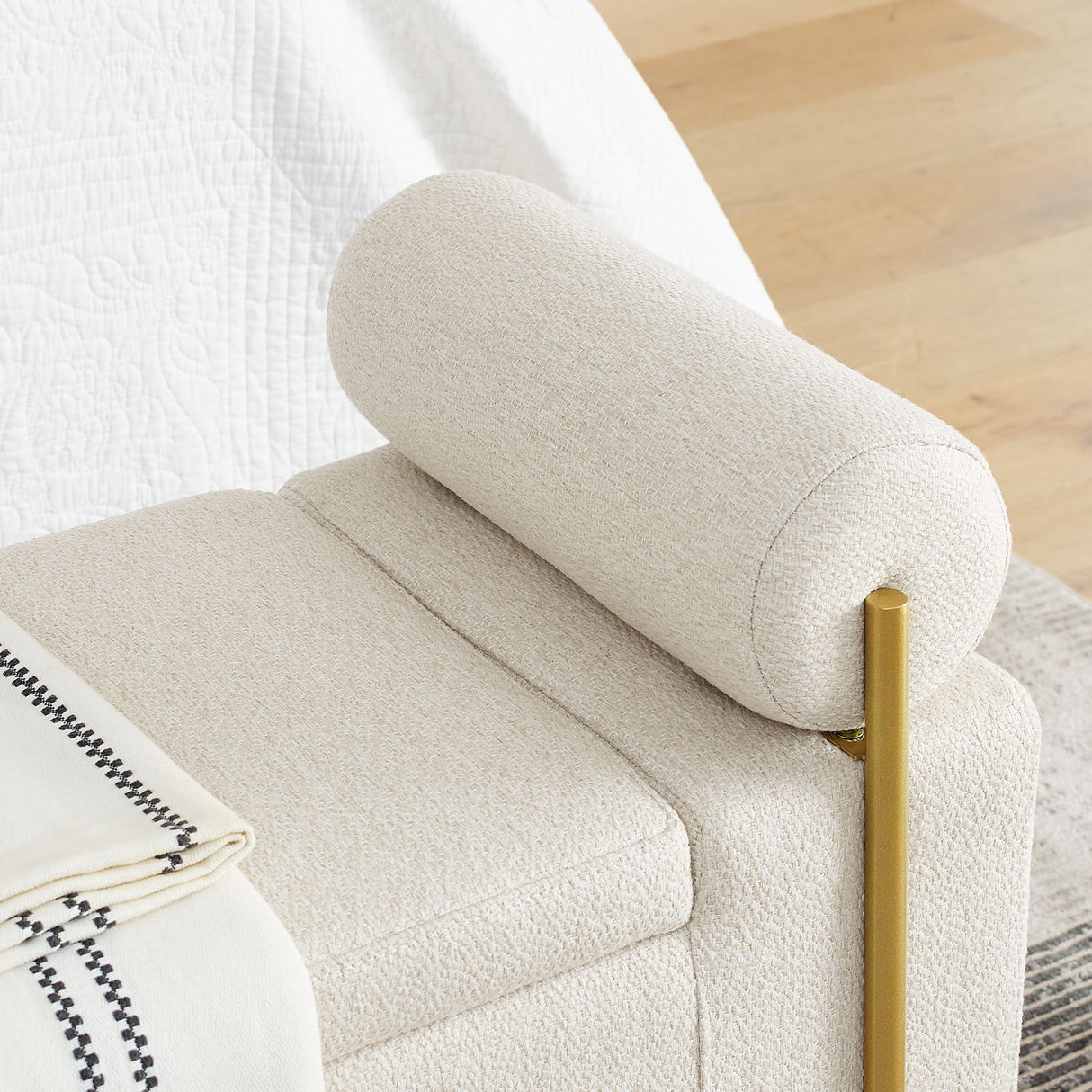 Elegant Upholstered Storage Bench With Cylindrical Arms And Iron Legs,