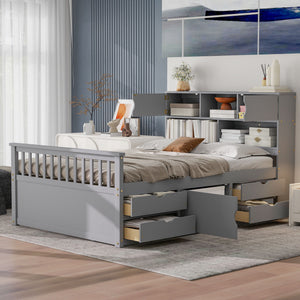 Captain Platform Bed Frame With Bookcase Headboard, 4 Drawers, Storage Shelves